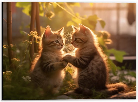 Dibond - Dieren - Kittens - Gras - Bloemen - 40x30 cm Foto op Aluminium (Wanddecoratie van metaal)