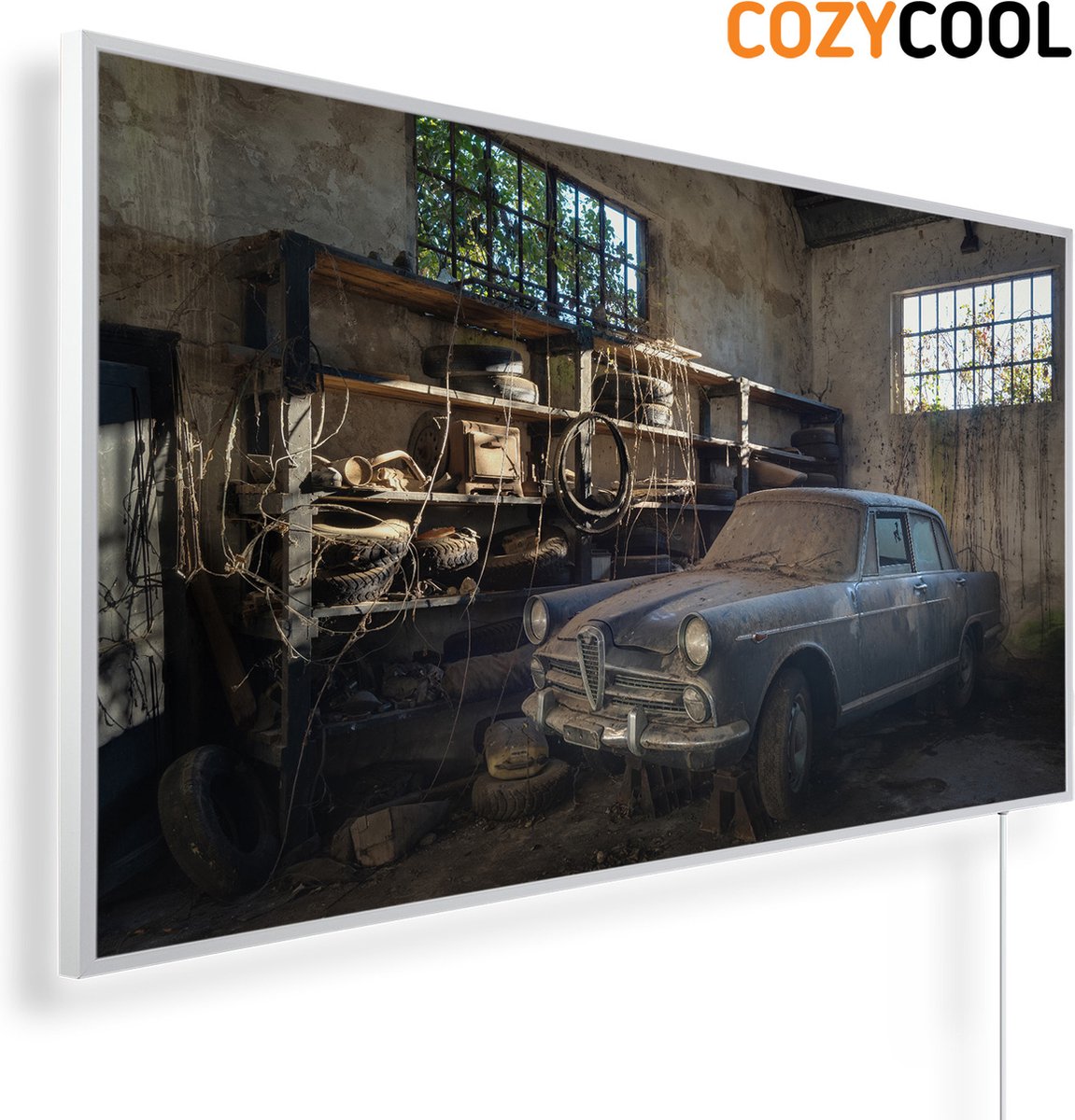 Infraroodpaneel met afbeelding | Alfa Romeo in verlaten garage | 1200 Watt | Witte lijst | Infrarood verwarmingspaneel | Infrarood paneel | Infrarood verwarming