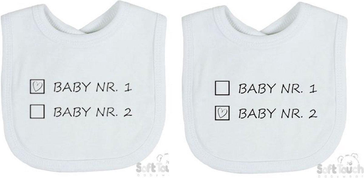 Goedkoopste Soft Touch 2-pack Slabber Slabbetje Slab Baby nr. 1 & Baby nr. 2 Unisex Tweeling Katoen Wit/zwart Maat 33x22 Cm