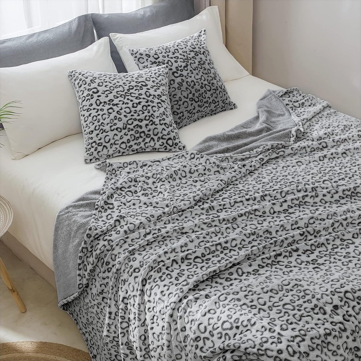 Thuys Flanel fleece dekens, extra zachte donzige dekens, lichtgewicht, gezellige microvezel bankdeken/bankdeken voor volwassenen, 150x200cm, grijs luipaard