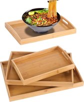Set de 3 plateaux en bambou avec poignées, larges plateaux de cuisine rectangulaires pour le petit déjeuner, idéal pour transporter des aliments et des boissons