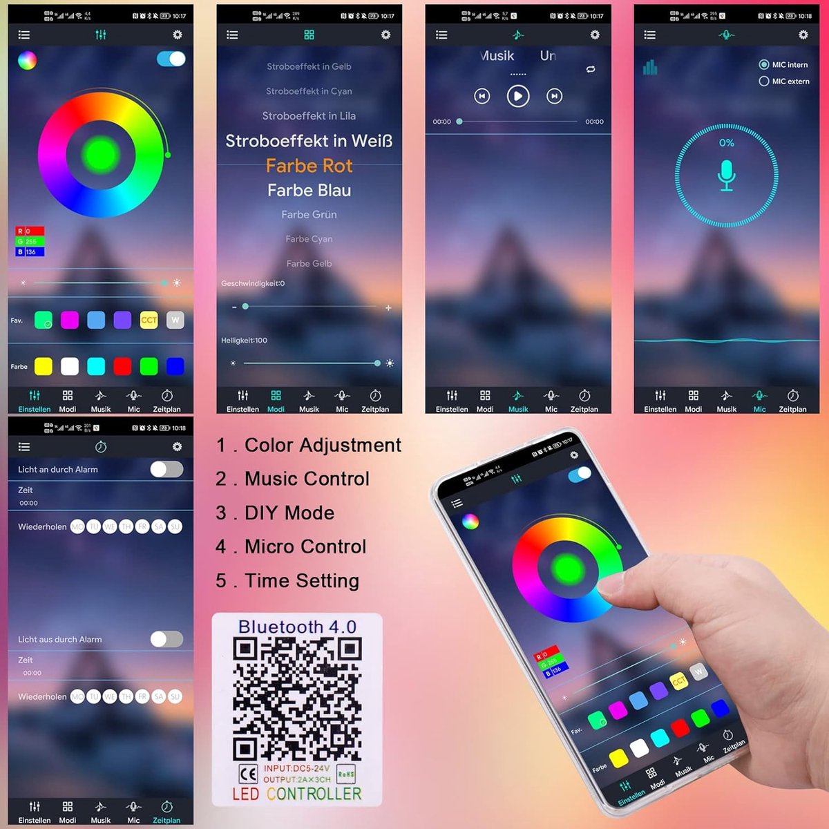 YiLaie binnenverlichting, Bluetooth applicatie, muzieksynchronisatie, RGB ledbinnenverlichting, strip, met sigarettenaansteker, veelkleurig, dashboard, neon, sfeerlicht voor auto's
