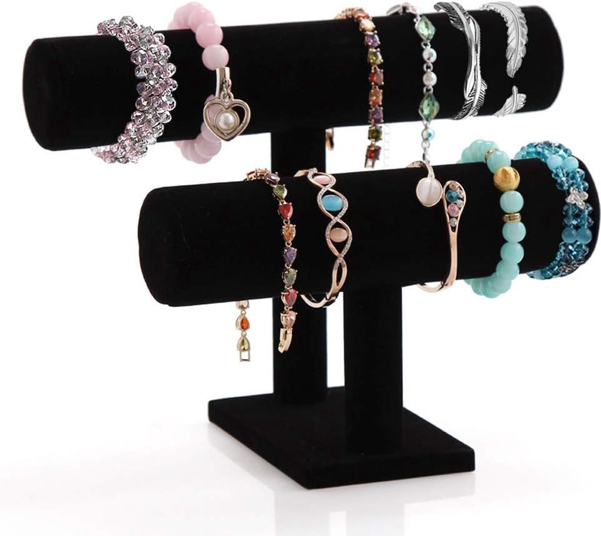 2-laags sieradenstandaard voor dames meisjes, T-Bar sieradenhouder voor armband ketting horloge sieraden organisator, zwart, cadeau voor vrouwen