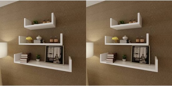 The Living Store Wandplanken - Set van 6 - Onzichtbaar montagesysteem - MDF - Wit - 60x12x10cm / 45x12x10cm / 30x12x10cm