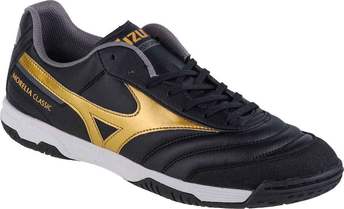 Mizuno Morelia Sala Classic indoorschoenen voor mannen, zwart met gouden details, maat 45, synthetisch leder.