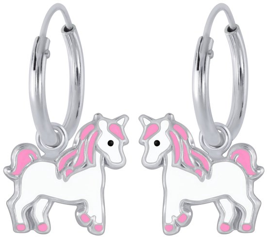 Joy|S - Zilveren eenhoorn oorringen unicorn wit roze paard bedel