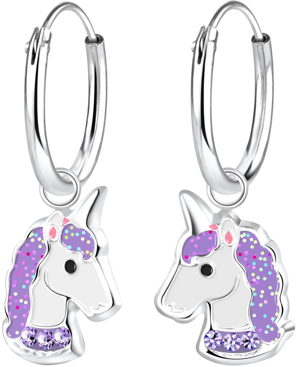 Joy|S - Zilveren eenhoorn oorbellen unicorn oorringen paars wit