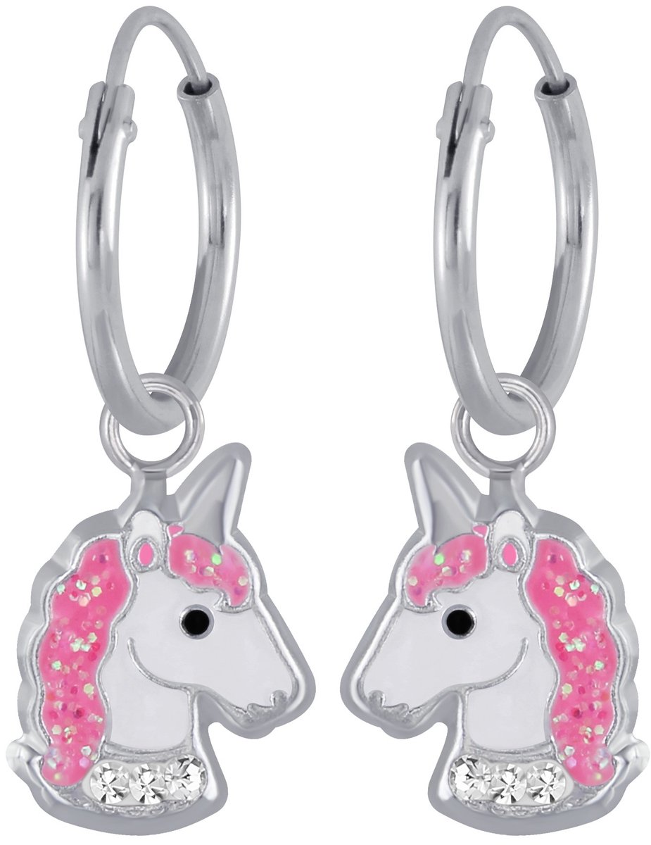 Joy|S - Zilveren eenhoorn oorbellen unicorn oorringen wit roze