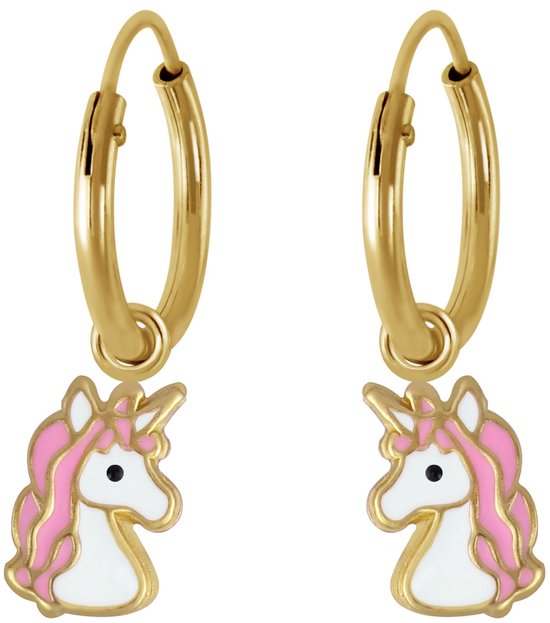 Joy|S - Zilveren eenhoorn oorbellen roze unicorn 14k goudplating