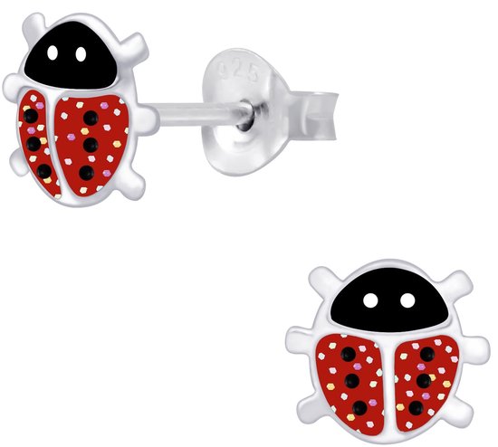 Joy|S - Zilveren lieveheersbeestje oorbellen - glitter rood - 7 x 6 mm