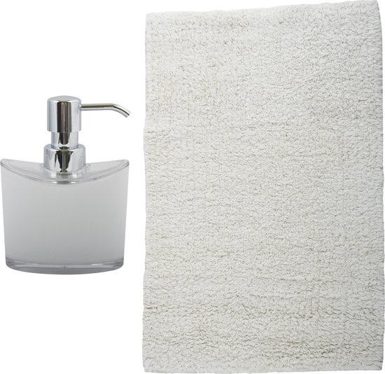 MSV badkamer droogloop mat/tapijt - Bologna - 45 x 70 cm - bijpassende kleur zeeppompje - ivoor wit
