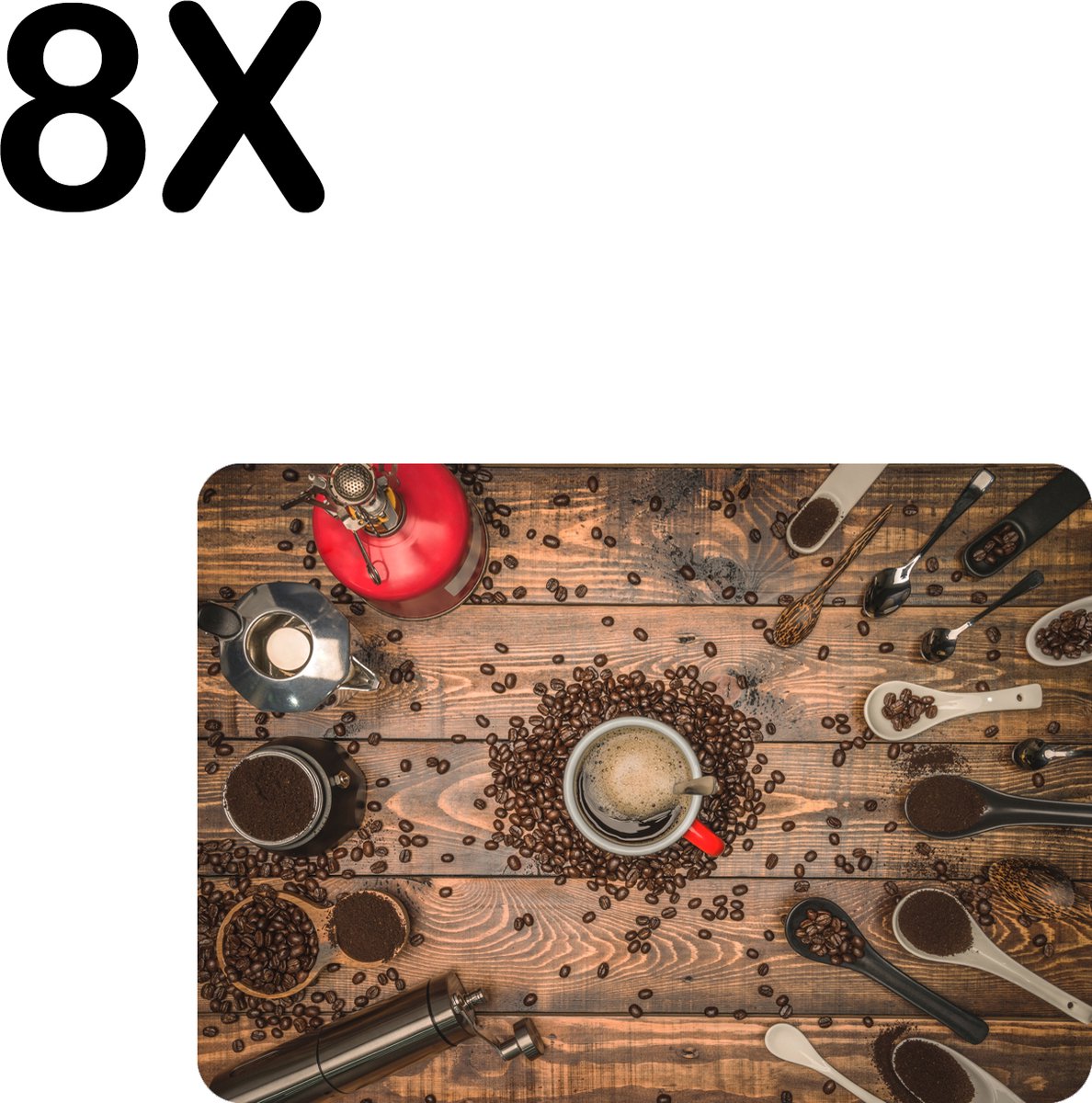 BWK Stevige Placemat - Koffie molens en Schepjes - Set van 8 Placemats - 35x25 cm - 1 mm dik Polystyreen - Afneembaar