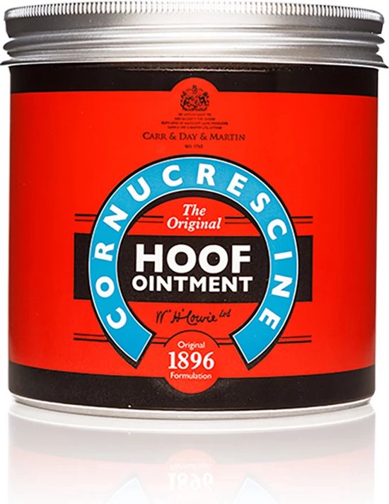 Rode pot met Carr & Day & Martin Cornucrescine Hoof Ointment, originele formulering uit 1896.