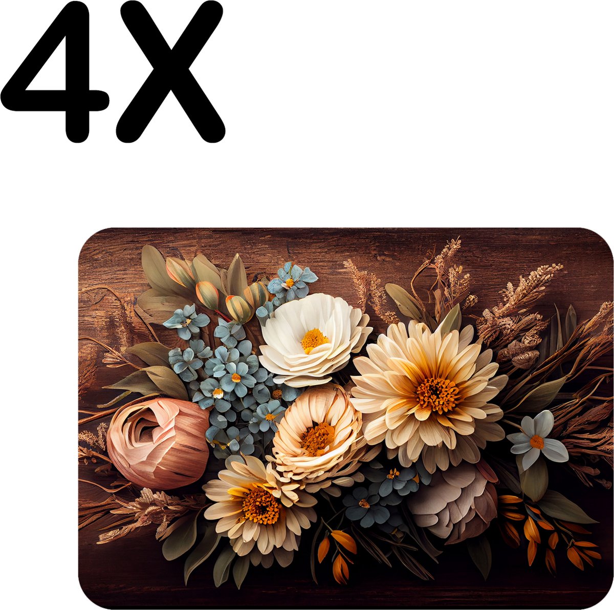 BWK Luxe Placemat - Mooie Artistieke Bloemen - Set van 4 Placemats - 40x30 cm - 2 mm dik Vinyl - Anti Slip - Afneembaar