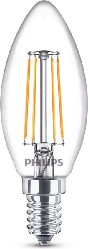 Ampoule LED Philips type bougie avec verre transparent et filaments visibles.