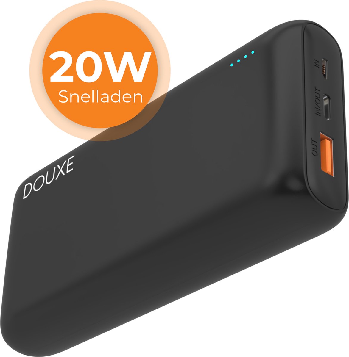 Douxe Fast Charge Powerbank 20.000 m.A.h. - Powerbank 20W Dual 3.0A - Snellaad Power bank - USB-C en USB-A - Met kabel