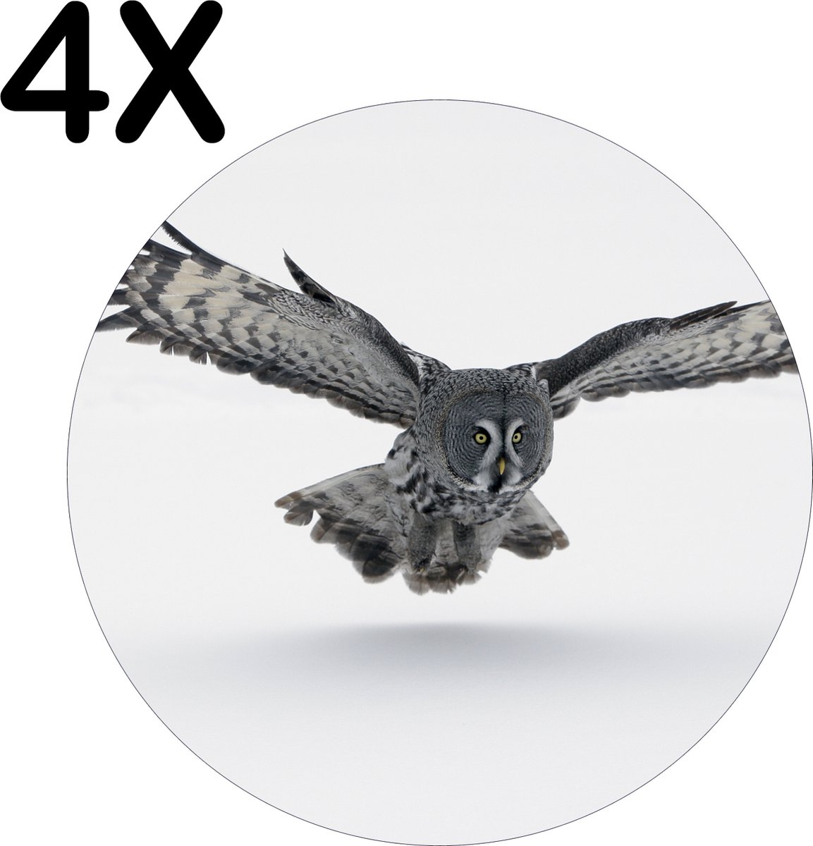 BWK Flexibele Ronde Placemat - Grijze Uil Vliegend boven de Sneeuw - Set van 4 Placemats - 50x50 cm - PVC Doek - Afneembaar