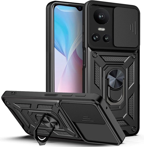 Foto: Casemania hoesje geschikt voor oppo reno 10 reno 10 pro zwart anti shock hybrid armor met kickstand ring met camera bescherming