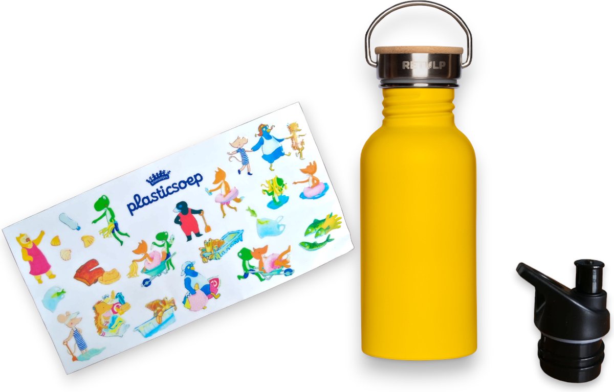 Retulp kinderfles - drinkfles voor kinderen- 500ml- educatieve stickers - figuren van klimaatjes Plasticsoep