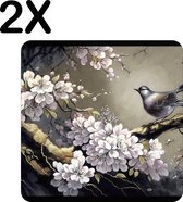 BWK Luxe Placemat - Chinese Kunst met Vogel en Kersenboom - Set van 2 Placemats - 50x50 cm - 2 mm dik Vinyl - Anti Slip - Afneembaar
