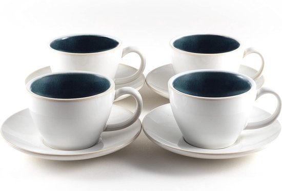 Ensemble de tasses à Cappuccino 4 pièces (180 ml) en grès - tasses à café de haute qualité à paroi épaisse avec soucoupes (bleu)