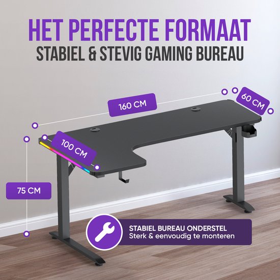 Afmetingen gaming bureau: 160x100x75 cm. Stabiel onderstel, makkelijk te monteren.