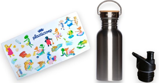 Foto: Retulp kinderfles drinkfles voor kinderen 500 ml educatieve stickers figuren van klimaatjes plasticsoep