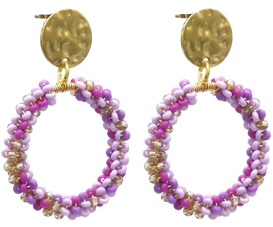 Boucles d'oreilles avec perles de verre - Boucles d'oreilles - Acier inoxydable - 4x3 cm - Violet