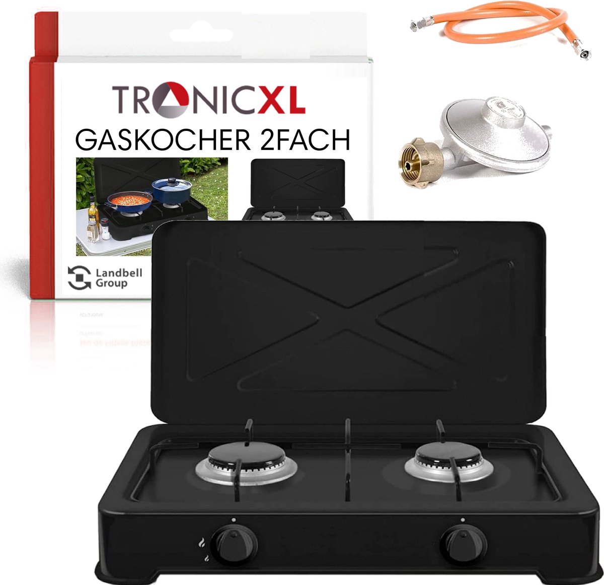 TronicXL Turbo campingkooktoestel 2 pits aluminium brander gasaansluitslang en drukregelaar, gasfornuis, gas, zwart, Inclusief draadgaas