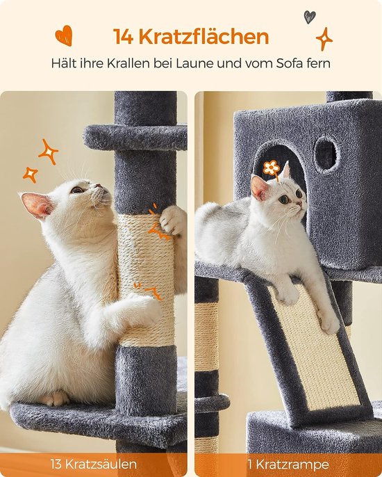 Feandrea Grote Kattenboom, Speeltoren Voor Katten Met Meerdere Verdiepingen Xxl 55 X 186 7 Cm Sisalpalen Een Diameter Van 11 Maine Coons Duifgrijs En Inktzwart Pct008g02 2328016857