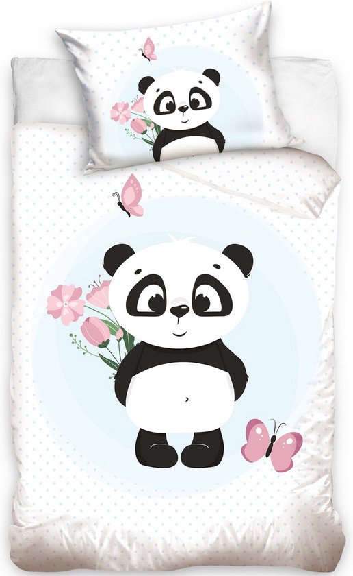 Vrolijk baby katoen dekbedovertrek Schattige Panda - 100x135 (ledikant) - hoogwaardig - zacht en ademend - huidvriendelijk - ideaal voor de babykamer