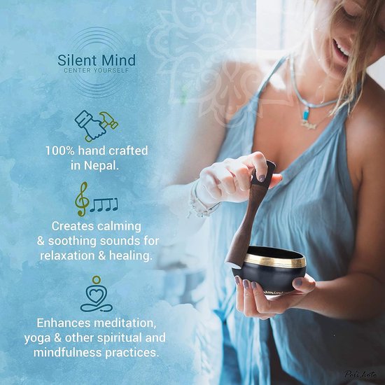 Tibetaanse klankschaal, mooie designs, met klopper en kussen, ideaal voor meditatie, ontspanning, stress en angstreductie, yoga, zen, perfect cadeau, zwart — afbeelding 4