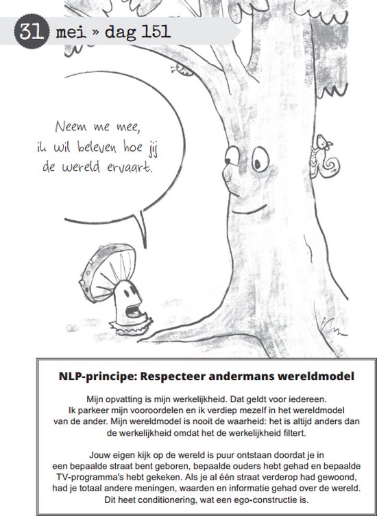 Een boom met gezicht en een paddenstoel met gezicht, met de tekst 'Neem me mee, ik wil beleven hoe jij de wereld ervaart.'