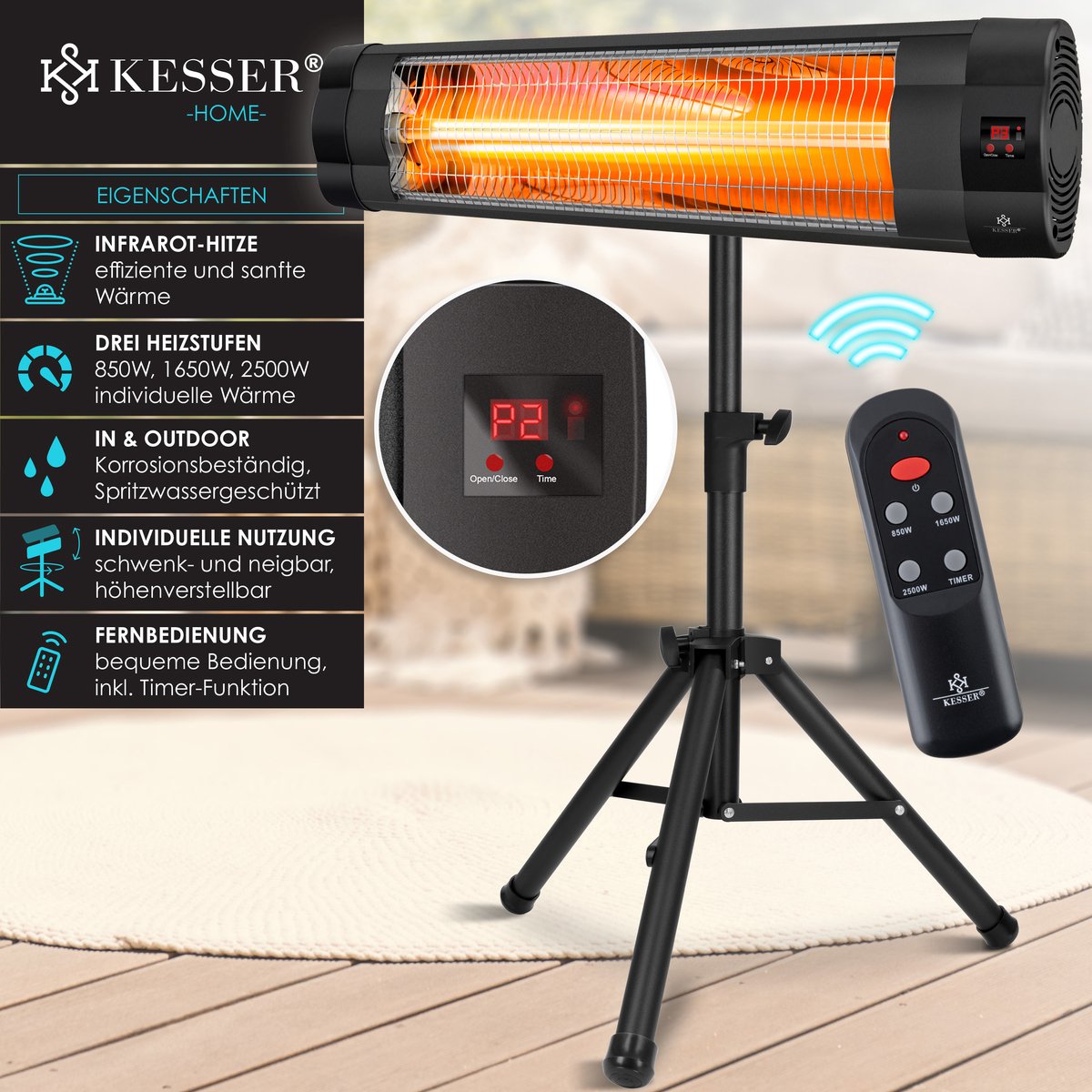 KESSER Infraroodstraler Verwarming Terrasverwarming 2500W incl. beschermhoes, in hoogte verstelbaar telescoopstandaard, wikkeltafelstraler, terrasverwarming, kwartsstraler, infrarood KESSER Infraroodstraler Verwarming Terrasverwarming 2500W incl. beschermhoes, in hoogte verstelbaar telescoopstandaard, wikkeltafelstraler, terrasverwarming, kwartsstraler, infrarood