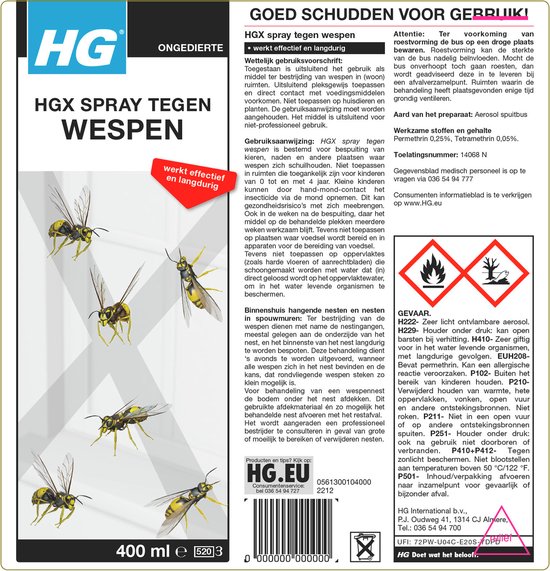 HGX spray tegen wespen, 400 ml, met oranje en blauwe accenten en afbeeldingen van wespen.