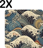 BWK Luxe Placemat - Japanse Styl Golven Getekend - Set van 2 Placemats - 50x50 cm - 2 mm dik Vinyl - Anti Slip - Afneembaar