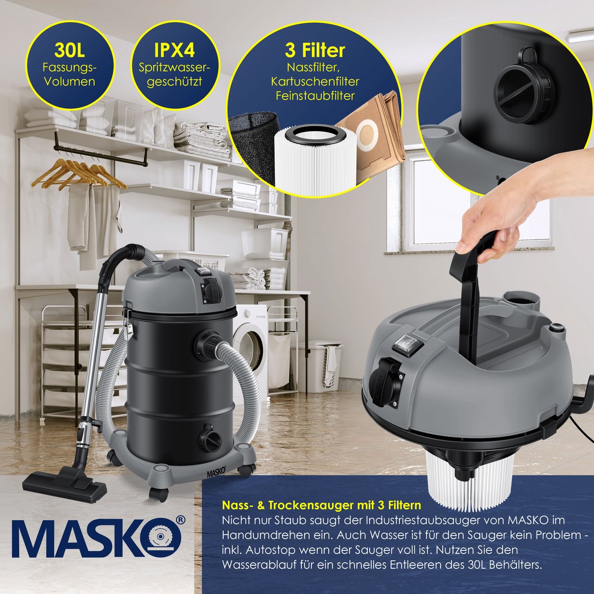 MASKO® Alleszuiger 6IN1 Nat- en Droogzuiger 2300W + stopcontact, Blaasfunctie, Droog- & natzuigen | Industriële stofzuiger vuilreservoir 30L Bouwstofzuiger - Grijs – foto 5
