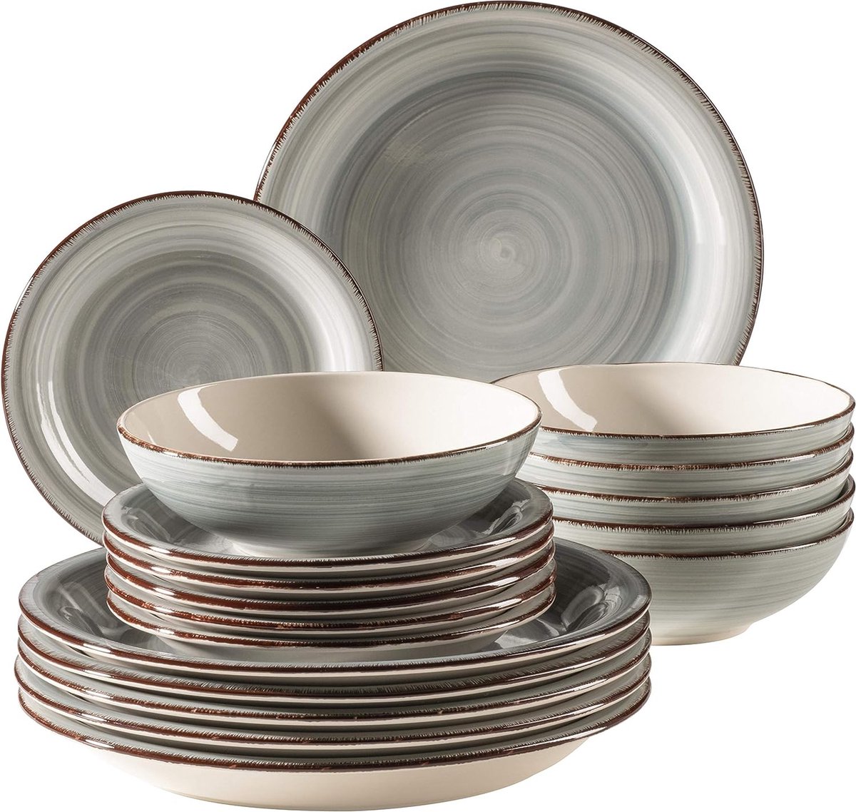 931875 Bel Tempo II, bordenset voor 6 personen in moderne vintage look, 18-delig tafelservies, handbeschilderd keramisch servies, aardewerk, rookblauw