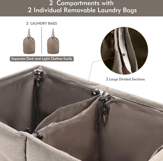 Panier à linge 135 L 2 compartiments avec couvercle et sacs à linge amovibles, panier à linge pliable avec poignées, panier à linge commun pour chambre, université, salle de bain (kaki)