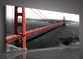 Canvas Schilderij - Stad - Golden Gate - Brug - Water - Urban - Rood - Schilderij Woonkamer - Schilderijen op canvas - Inclusief Frame - 145x45cm LxB