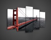 Canvas Schilderij - Stad - Golden Gate - Brug - Water - Urban - Rood - Schilderij Woonkamer - Schilderijen op canvas - Inclusief Frame 100x60cm LxB - 5 Luiks - 5 delen