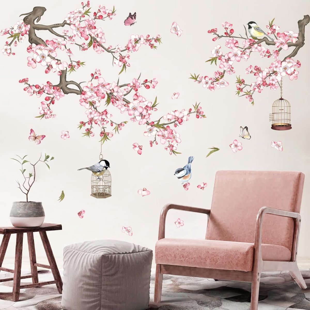 Bloem avec Branche Stickers muraux Rose Fleur Fleurs Oiseau Monde Sticker  Chambre