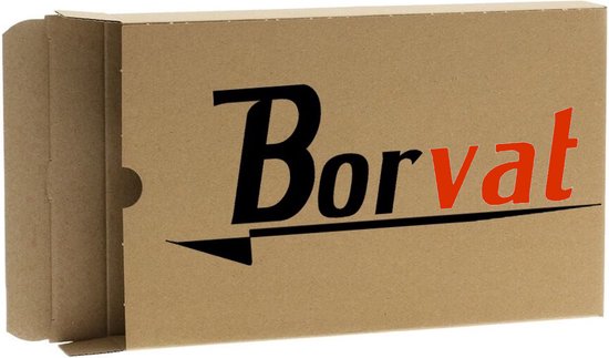 Bruine kartonnen verpakking met het zwarte en oranje "Borvat" logo.