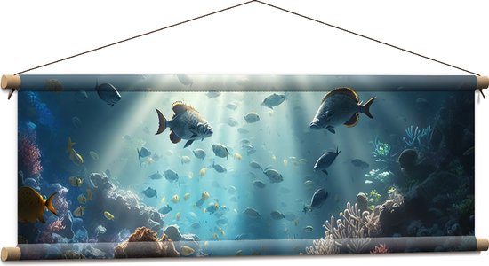 Textielposter - Groep Tropische Vissen in de Heldere Zee - 90x30 cm Foto op Textiel