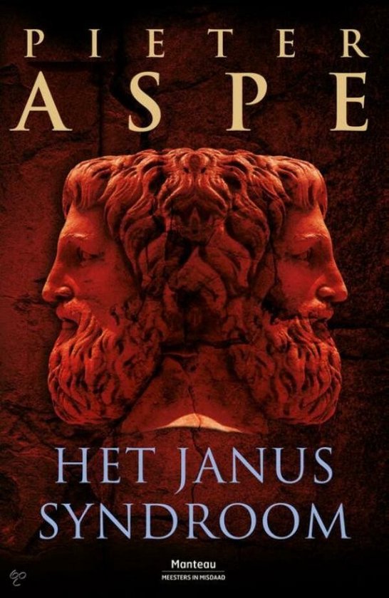 Couverture du livre 'Het Janus Syndroom' avec une statue en pierre rouge de Janus à quatre visages.