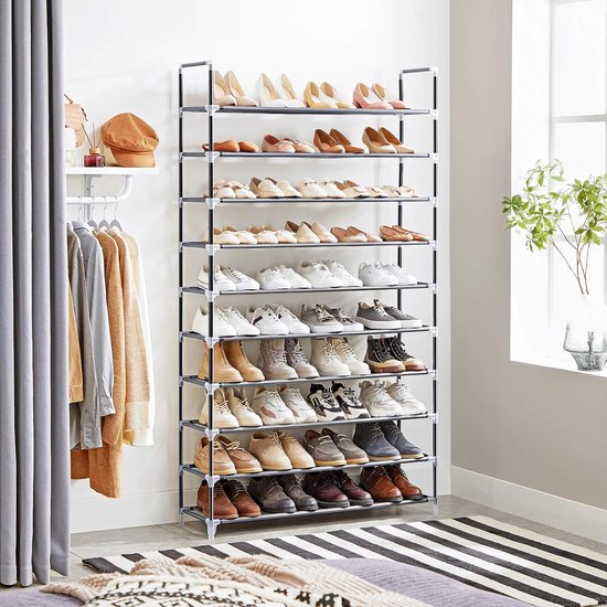 Schoenenrek met 10 niveaus, voor maximaal 50 paar schoenen, voor woonkamer, kleedkamer en hal, vliesstof, 100 x 29 x 175 cm, zwart