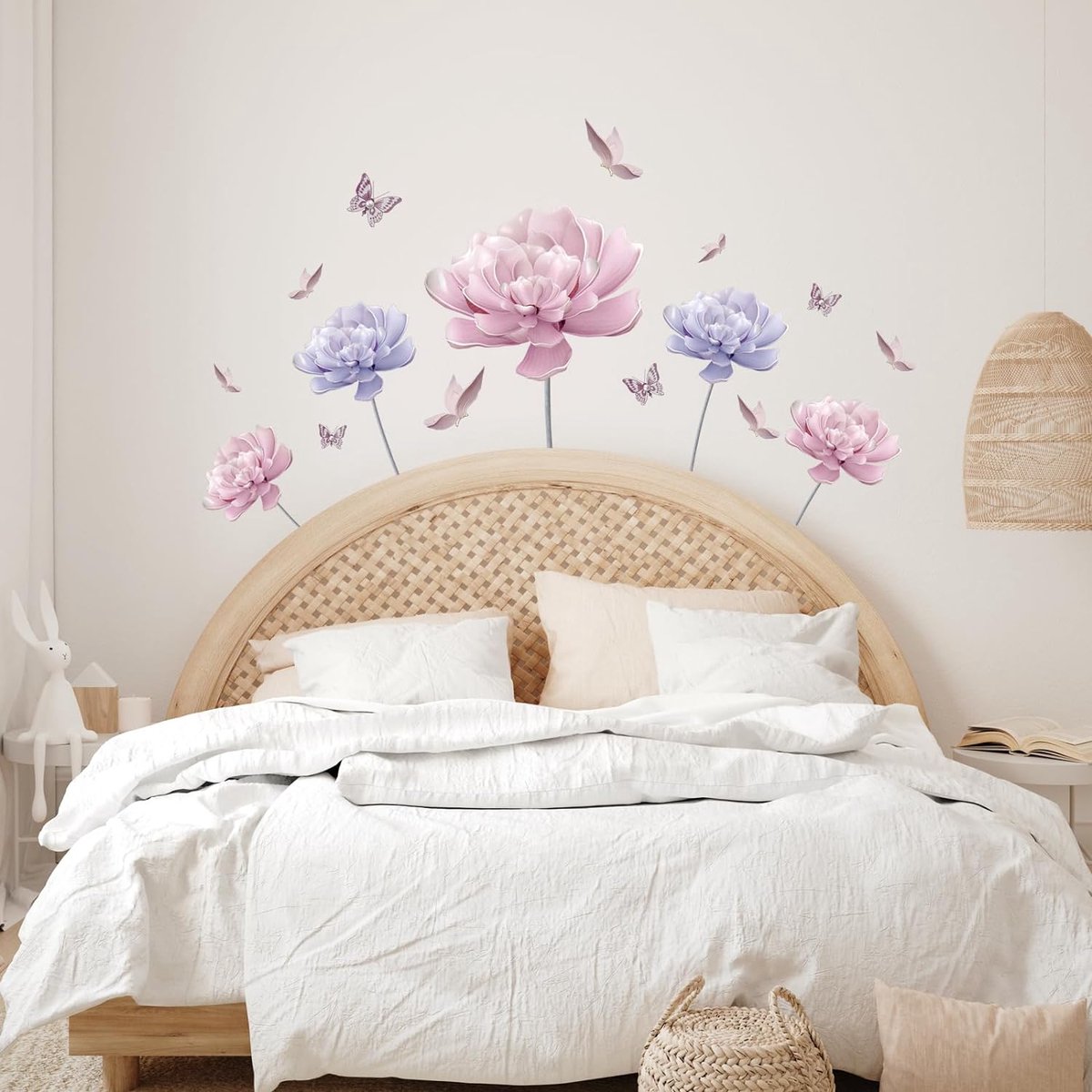 Stickers muraux de Bloem roses violettes, grandes Fleurs de pivoine,  papillon volant