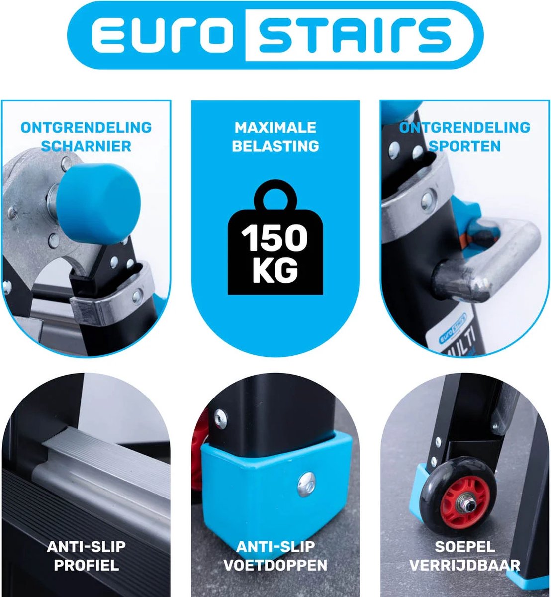 Eurostairs professionele Vouwladder – Uitschuifbare Multiladder 4x6 sporten (24 treden) – 7,50 meter werkhoogte – foto 7