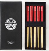 KoreanVibe Chopsticks Set - Eetstokjes - Vaatwasserbestendig - RVS - 5Paar - Goud/Rood