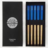 KoreanVibe Chopsticks Set - Eetstokjes - Vaatwasserbestendig - RVS - 5Paar - Goud/Blauw